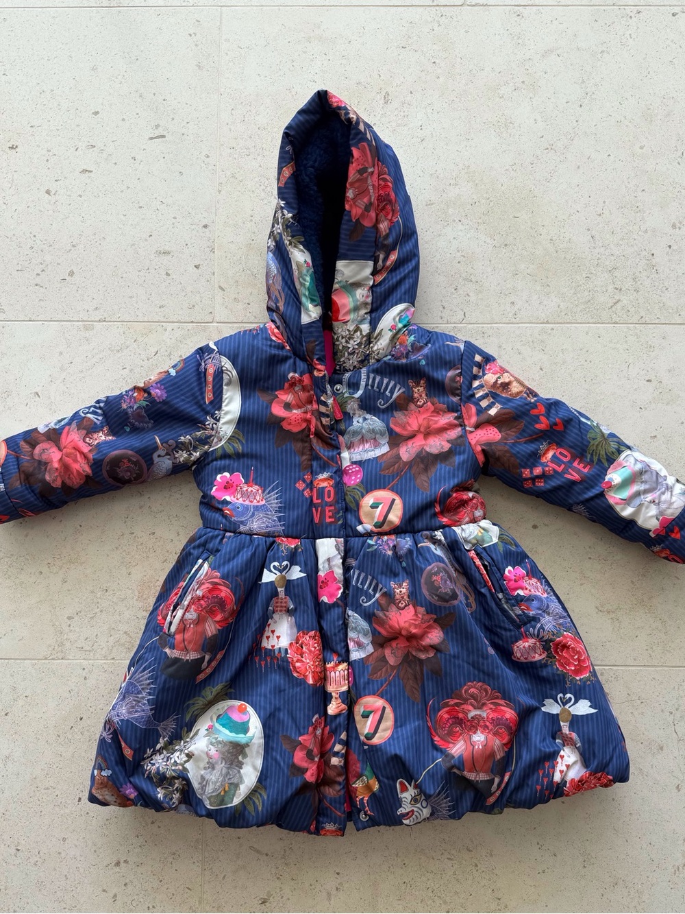 Oilily Printed Puffer Jacket Navy Floral Whimsical Hooded Coat Size 4Y